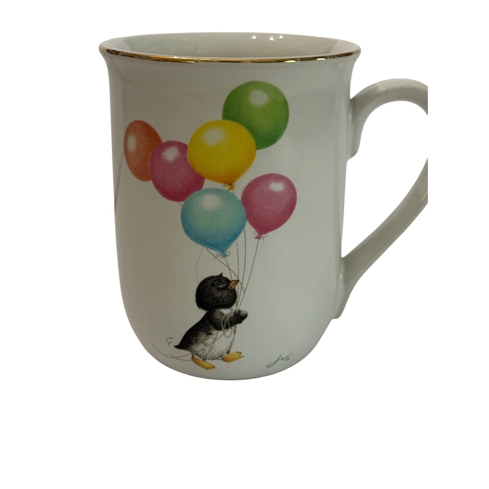 Vintage Otagiri Japan Penguin Balloons Coffee Mug Gibson Greeting Cards Gold Rim